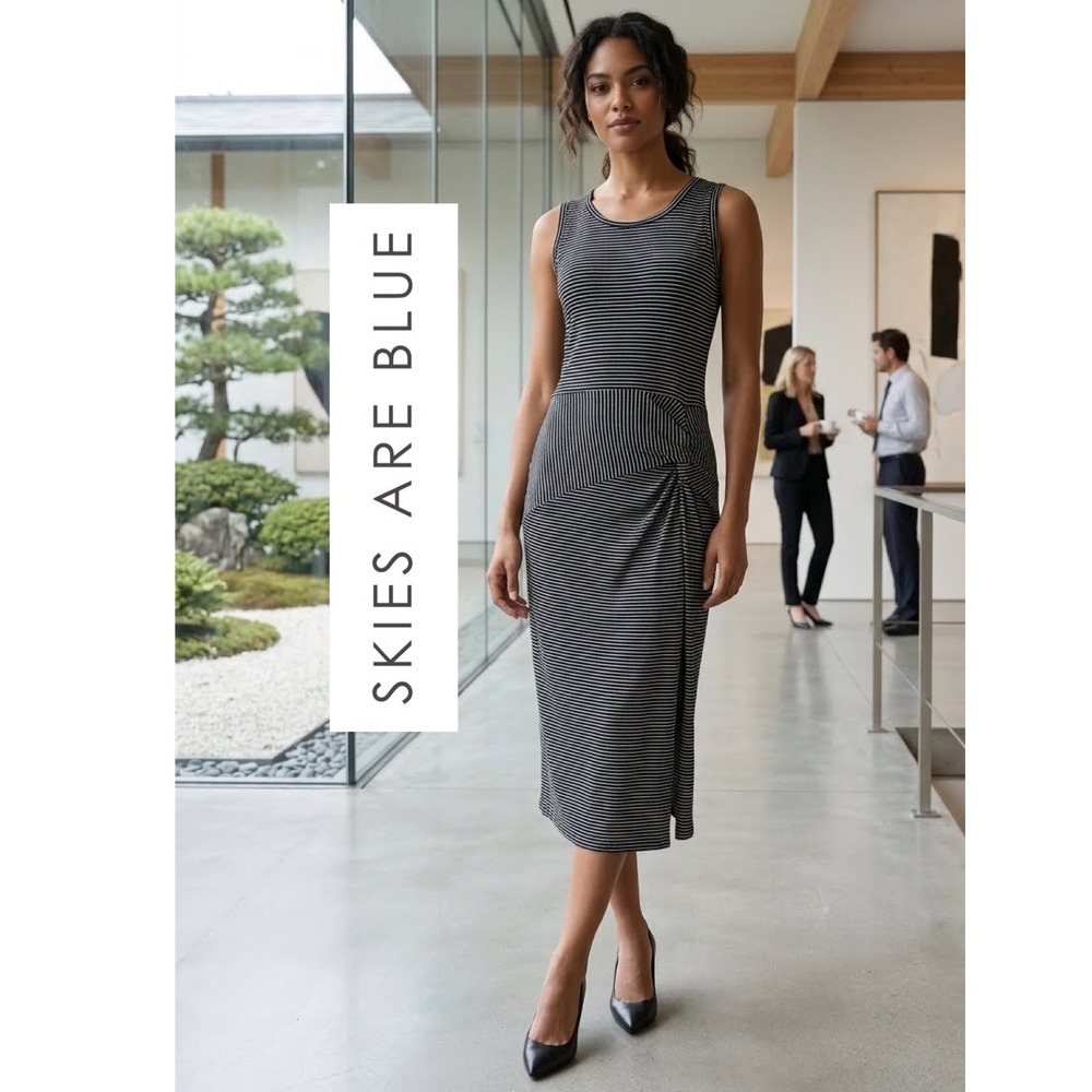 Skies Are Blue Striped Sleeveless Twist Waist Midi Dress Navy White Size M